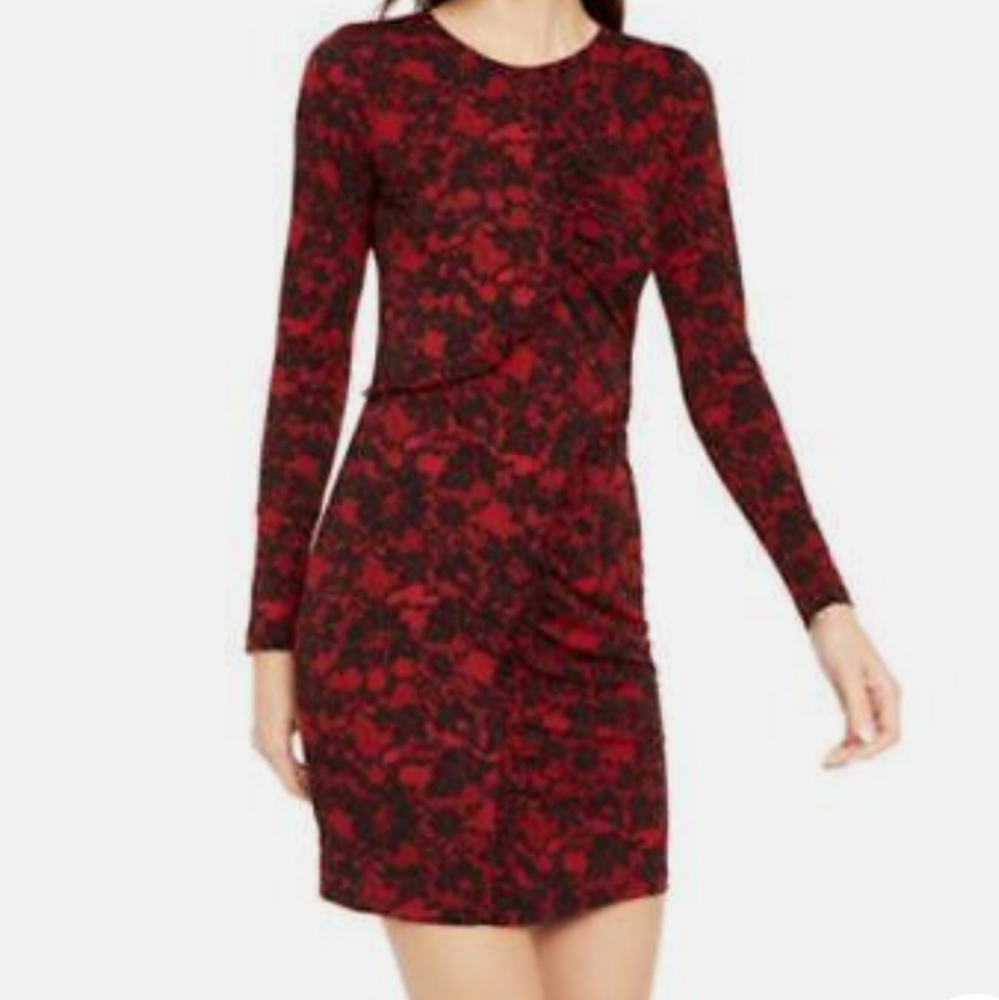 🌹MK Ruffled Long Sleeve Red/Black Lace Print Dress